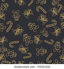 Christmas seamless background with hand drawn gingerbread, candy cane, bow knot wth holly. New Year. Vintage pattern can be used for wallpaper, web page background, surface textures, textile. Vector