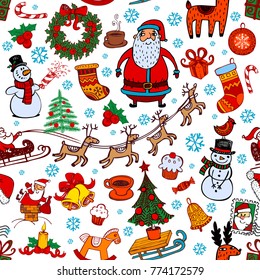 Christmas seamless background with hand drawn symbols for banners, backgrounds, presentations, decorations.