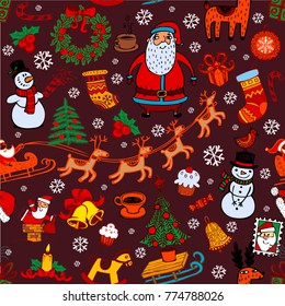Christmas seamless background with hand drawn symbols for banners, backgrounds, presentations, decorations.