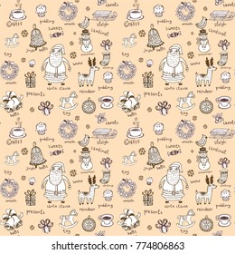 Christmas seamless background with hand drawn symbols for banners, backgrounds, presentations, decorations.