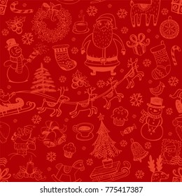 Christmas seamless background with hand drawn symbols for banners, backgrounds, presentations, decorations.