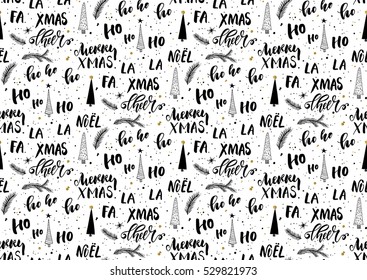 Christmas seamless background with handwritten lettering. Vector illustration for Merry Christmas and Happy New Year wrapping paper, textile design. Black and white colors.