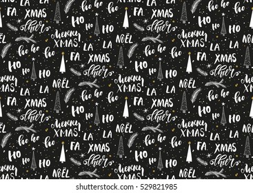 Christmas seamless background with handwritten lettering. Vector illustration for Merry Christmas and Happy New Year wrapping paper, textile design. Black and white colors.