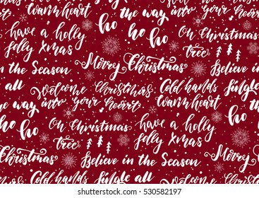 Christmas seamless background with handwritten lettering. Vector illustration for Merry Christmas and Happy New Year wrapping paper, textile design.