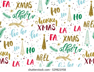 Christmas seamless background with handwritten modern brush calligraphy. Vector illustration for wrapping paper, textile design. Red, white, green, blue, gold glitter colors.