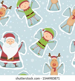 Christmas seamless background. Happy Santa Claus, deer and elf make a snow angels. Snowy winter background. Illustration can be used for backdrops, wrapper, holiday cards, children's clothing design.