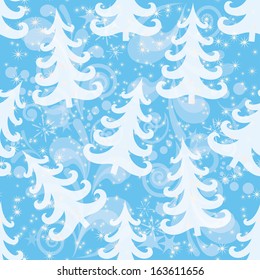 Christmas seamless background for holiday design with fir trees, stars and patterns on blue sky. Eps10, contains transparencies. Vector