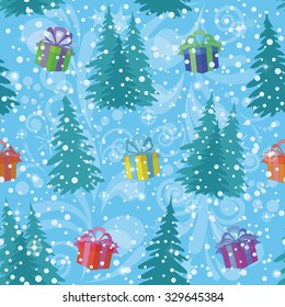 Christmas Seamless Background for Holiday Design with Fir Trees, Gift Boxes, Confetti and Patterns on Blue Sky. Eps10, Contains Transparencies. Vector