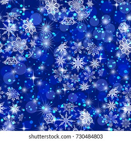 Christmas Seamless Background for Holiday Design with Blue and White Balls, Snowflakes and Stars. Eps10, Contains Transparencies. Vector