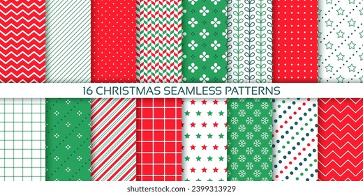 Christmas seamless background. Holiday patterns. Endless textures with stripes, star, zigzag, dots, check. Set red green Xmas design. Festive geometric prints for wrapping papers. Vector Illustration