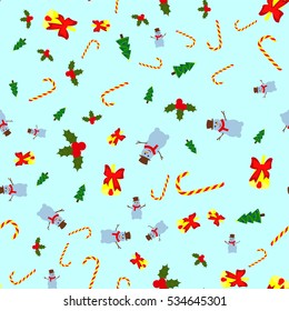 Christmas seamless background with holly berry, snowman, christmas tree, candy and jingle bell