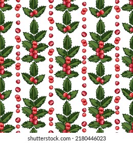 Christmas seamless background with holly branches. 
Suitable for printing on fabric, textile, wrapping paper, decorative wallpaper, packaging, invitations.