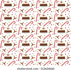 Christmas seamless background with holly, candy cane and pudding. Christmas background. Christmas seamless texture, wallpaper, fabric. Vector illustration