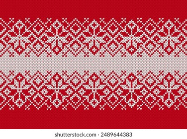 Christmas seamless background. Knit winter red pattern. Festive print. Knitted Xmas sweater texture with snowflakes. Holiday fair traditional ornament. Vector illustration.