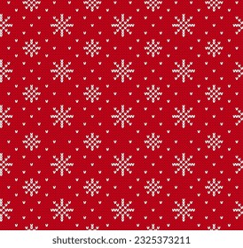 Christmas seamless background. Knitted Xmas sweater texture. Festive print with snowflakes. Knit winter red pattern. Holiday fair traditional ornament. Vector illustration.