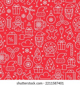 Christmas seamless background. Line icon pattern with angel, Santa, gingerbread man, snowball, snowman, christmas tree and gift box. Winter vector background.