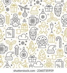 Christmas seamless background. Line icon banner with angel, Santa, gingerbread man, snowball, snowman, christmas tree and gift box. Winter vector pattern.