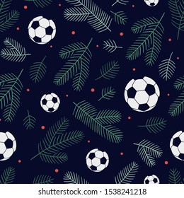 Christmas seamless background made of soccer balls, spruce twigs and small dots. Can be used for postcards, invitations, advertising, web, textile and other.
