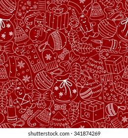Christmas seamless background with many winter doodles. Greeting red card. Toys, cookies, snowmen, fir, candies, socks, gifts, bows, snowflakes, stars, hollies, mittens, etc.