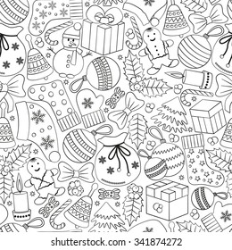 Christmas seamless background with many winter doodles. Greeting white card. Toys, cookies, snowmen, fir, candies, socks, gifts, bows, snowflakes, stars, hollies, mittens, etc.