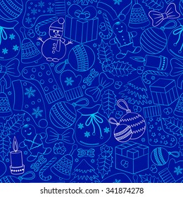 Christmas seamless background with many winter doodles. Greeting blue card. Toys, cookies, snowmen, fir, candies, socks, gifts, bows, snowflakes, stars, hollies, mittens, etc.
