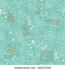 Christmas seamless background with many winter doodles. Greating card. Toys, cookies, snowmen, fir, candies, socks, gifts, bows, snowflakes, stars, hollies, mittens, turquoise