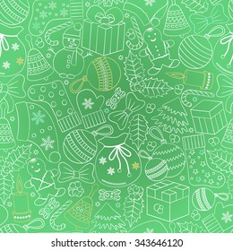 Christmas seamless background with many winter doodles. Greeting card. Toys, cookies, snowmen, fir, candies, socks, gifts, bows, snowflakes, stars, hollies, mittens, etc.