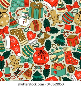 Christmas seamless background with many winter doodles. Greating card. Toys, cookies, snowmen, fir, candies, socks, gifts, bows, snowflakes, stars, hollies, mittens, etc.