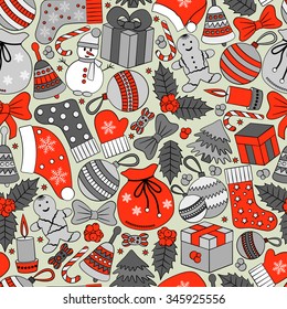 Christmas seamless background with many winter doodles. Greating card. Toys, cookies, snowmen, fir, candies, socks, gifts, bows, snowflakes, stars, hollies, mittens, etc.