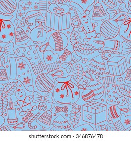 Christmas seamless background with many winter doodles. Greating card. Toys, cookies, snowmen, fir, candies, socks, gifts, bows, snowflakes, stars, hollies, mittens, etc.