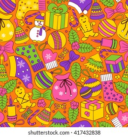 Christmas seamless background with many winter doodles. Greating card. Toys, cookies, snowmen, fir, candies, socks, gifts, bows, snowflakes, stars, hollies, mittens, etc.