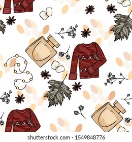 Christmas seamless background with mugs of hot tea, cocoa, sweaters, cinnamon, cloves. Design for Wallpaper, gift paper, patterns, textiles, Christmas and new year greeting cards