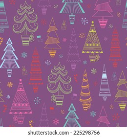 Christmas seamless background with multicolored fir trees and snowflakes for your design