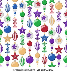 Christmas seamless background. Multicolored Christmas tree toys isolated on white. Pattern for wrapping paper, fabric and cards.