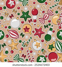 Christmas seamless background. Multicolored Christmas tree toys on a beige background. Balls and stars.