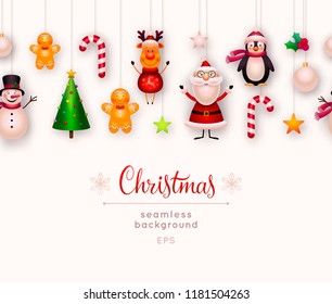 Christmas seamless background. New year and xmas decoration. Set of hanging christmas ornaments and toys - santa claus, reindeer, christmas tree, snowman, star, candy cane, holly. Vector illustration.