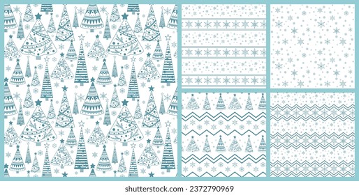 Christmas Seamless background. New Year textures with Christmas trees and snowflakes.Collection. Vector illustration