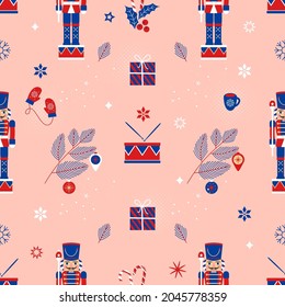 Christmas seamless background with nutcracker, Christmas tree and snowflakes. flat vector illustration. wrapping paper template. Xmas