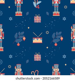 Christmas seamless background with nutcracker, Christmas tree and snowflakes. flat vector illustration. wrapping paper template.Xmas