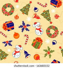 Christmas Seamless Background on Rice Paper with snowflake, bell, tree, wreath, vector illustration