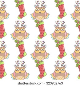 Christmas seamless background with owls and New Year with the toe on a white background