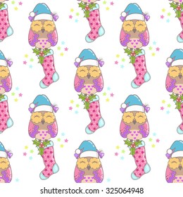 Christmas seamless background with owls and New Year with the socks on a white background