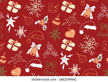 Christmas seamless background. Pattern with a festive mood. Doodle style illustration. Vector graphics. Decorative print. New Year's theme.