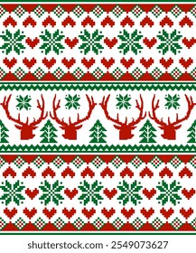 Navidades de fondo sin fisuras, patrón sin fisuras con reno de Navidad. patrón tribal. patrón de tela local. patrón de píxeles. punto de cruz