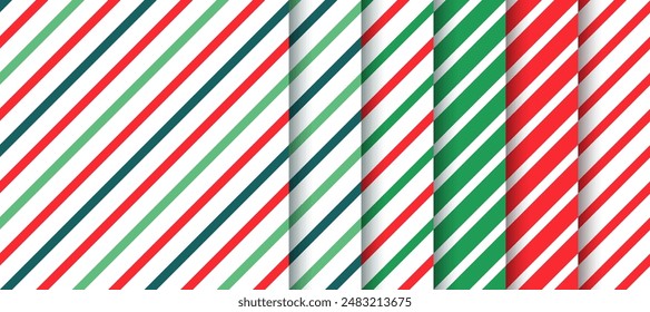 Christmas seamless background. Patterns with diagonal stripes. Festive striped print. Xmas candy cane wrapping paper. Set red green textures. Abstract backdrop. Geometric design. Vector illustration