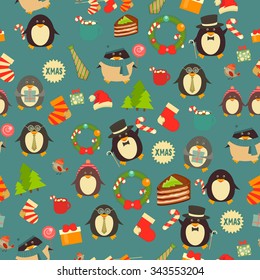Christmas Seamless Background with Penguins and Christmas Decorations. Vector Illustration.