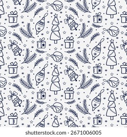 Christmas seamless background with pine branches, gift box, decorative bell and fir tree. Winter holiday template for greeting card, fabric, packaging. Vector.