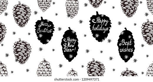Christmas seamless background with pine cones. Christmas pattern of cones