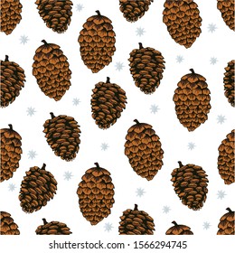 Christmas seamless background with pine cones and snowflake. Christmas pattern of cones and snowflake