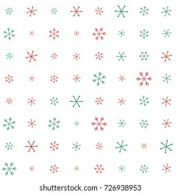 Christmas seamless background with random scatter falling red and green snowflakes isolated on white.